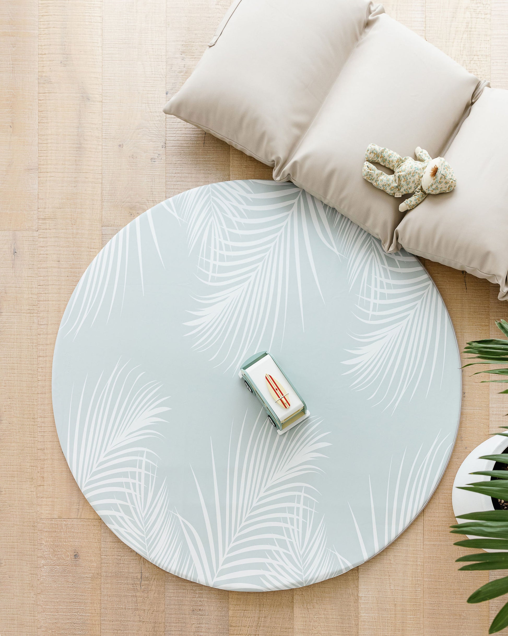 Softly Summer Cuvvy play mat cover, padded play mat, vegan leather, reversible, palm tree play mat, baby play mat